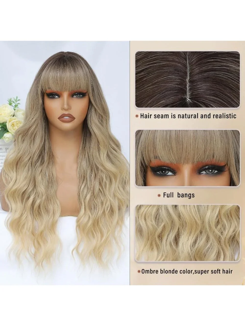 Women's Ombre Blonde 26 Inch Natural Looking Heat Resistant Synthetic Wigs Bangs